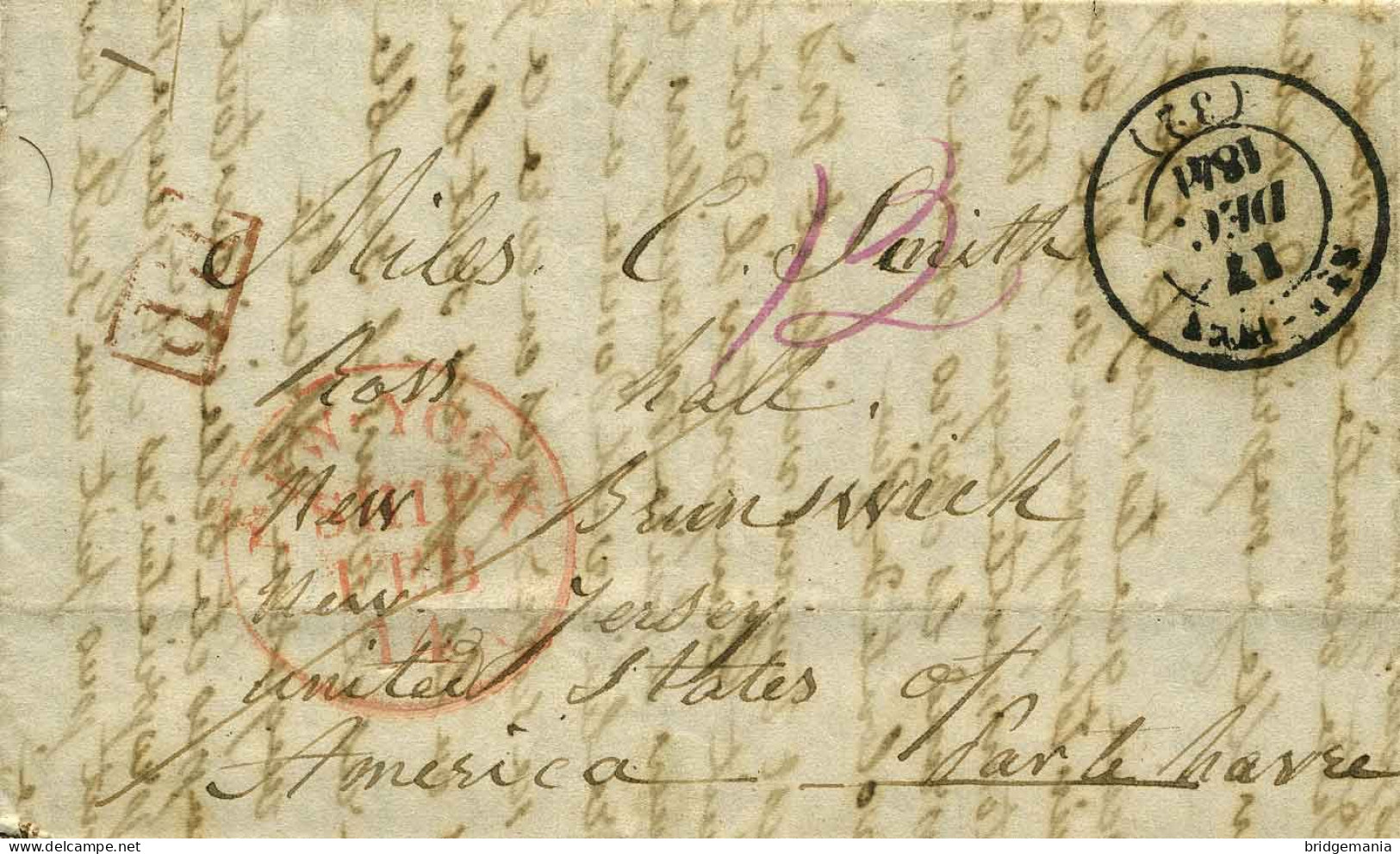 MTM119 - 1841 TRANSATLANTIC LETTER FRANCE TO USA NON-CONTRACT STEAM. SIMPLE RATE - Marcofilia