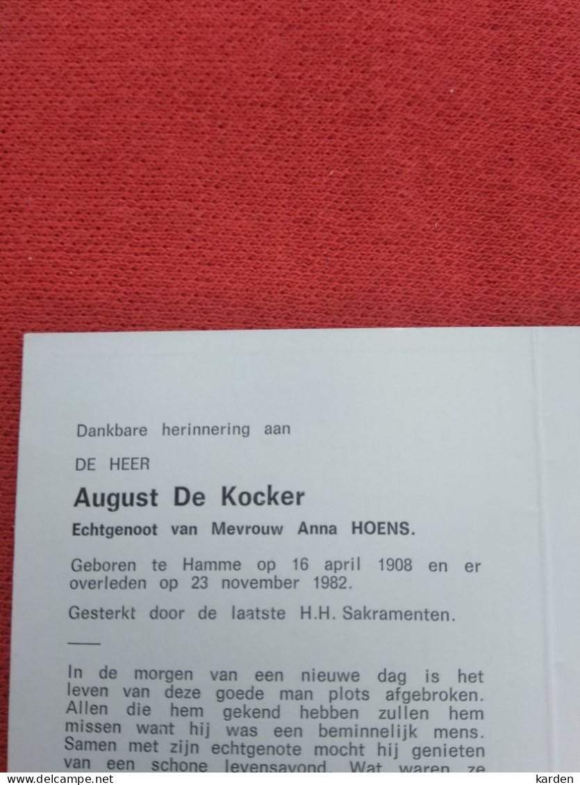 Doodsprentje August De Kocker / Hamme 16/4/1908 - 23/11/1982 ( Anna Hoens ) - Religion & Esotérisme