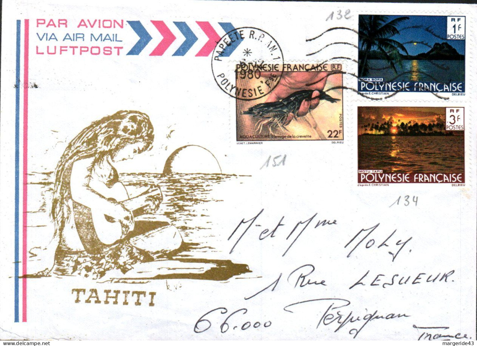 POLYNESIE AFFRANCHISSEMENT COMPOSE SUR LETTRE POUR LA FRANCE 1980 - Covers & Documents