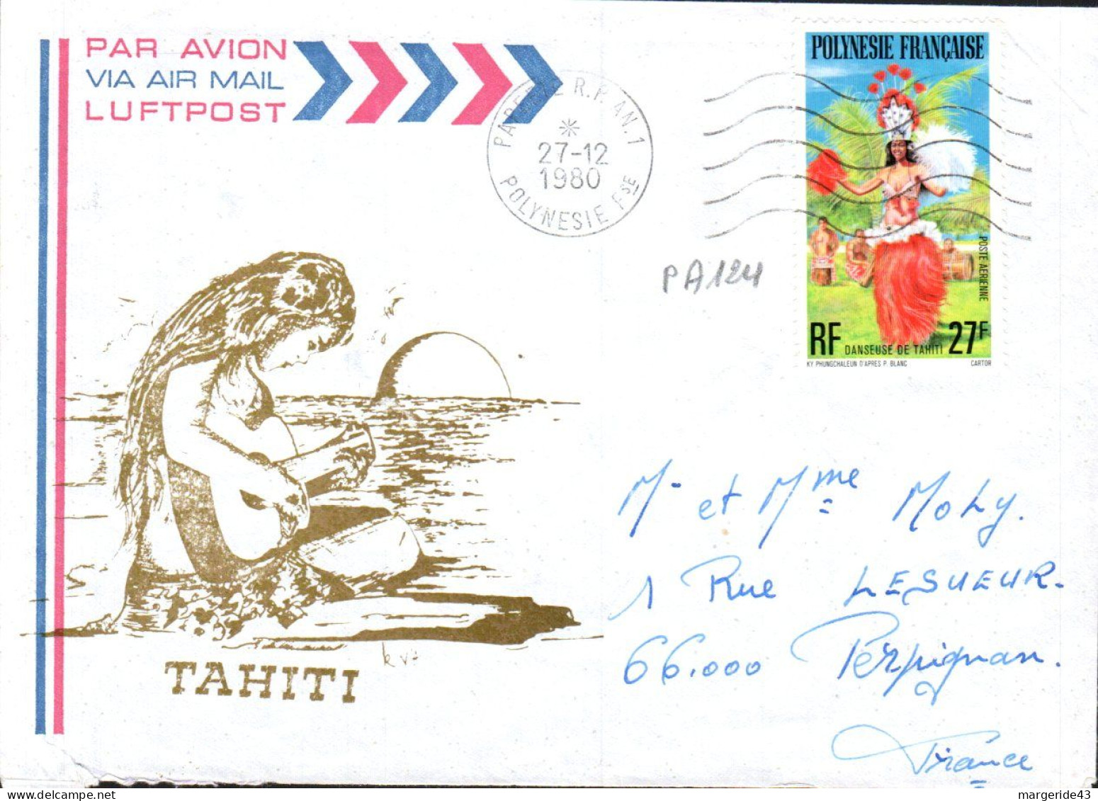 POLYNESIE SEUL SUR LETTRE POUR LA FRANCE 1980 - Lettres & Documents