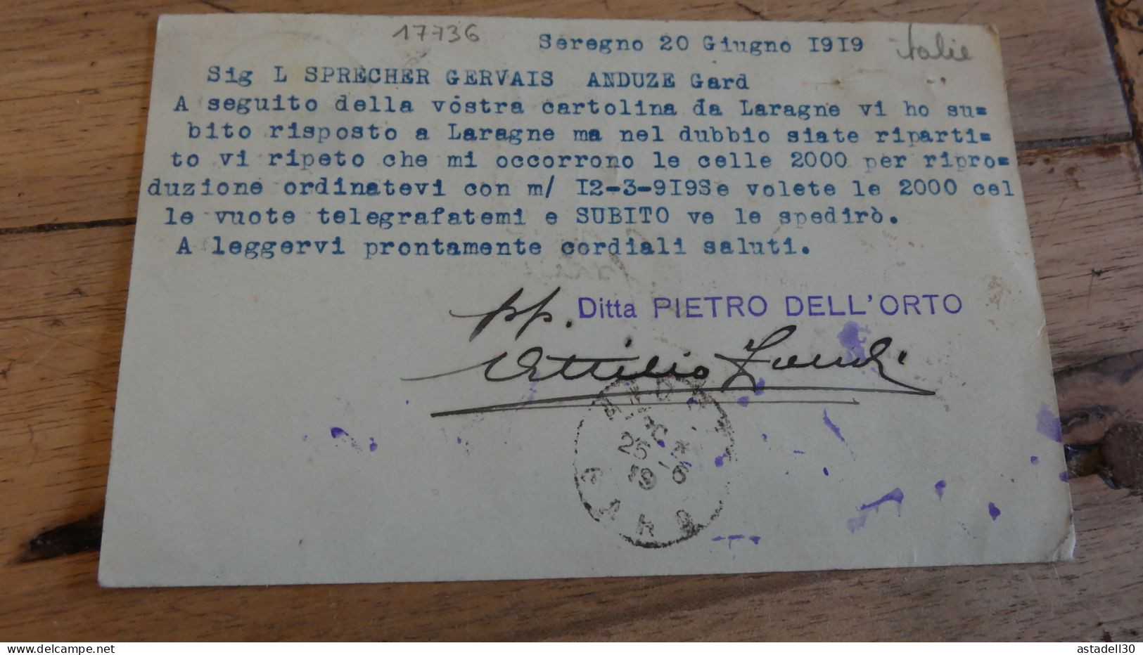 ITALIA : Carte Commerciale, Pietro Dell ORTO - SEREGNO - 1919  ................ BE-17736 - Sonstige & Ohne Zuordnung