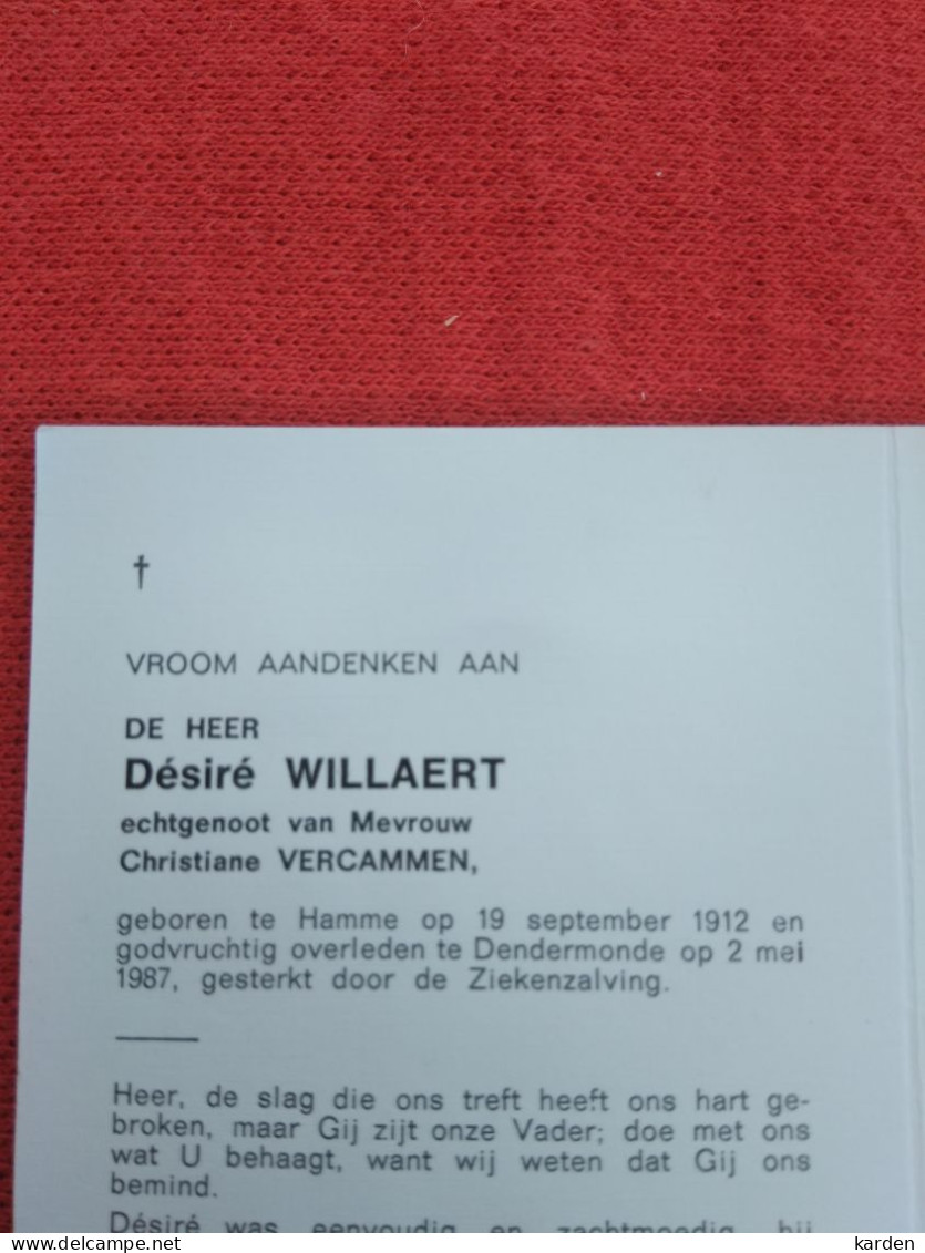 Doodsprentje Désiré Willaert  / Hamme 19/9/1912 Dendermonde 2/5/1987 ( Christiane Vercammen ) - Religion & Esotérisme