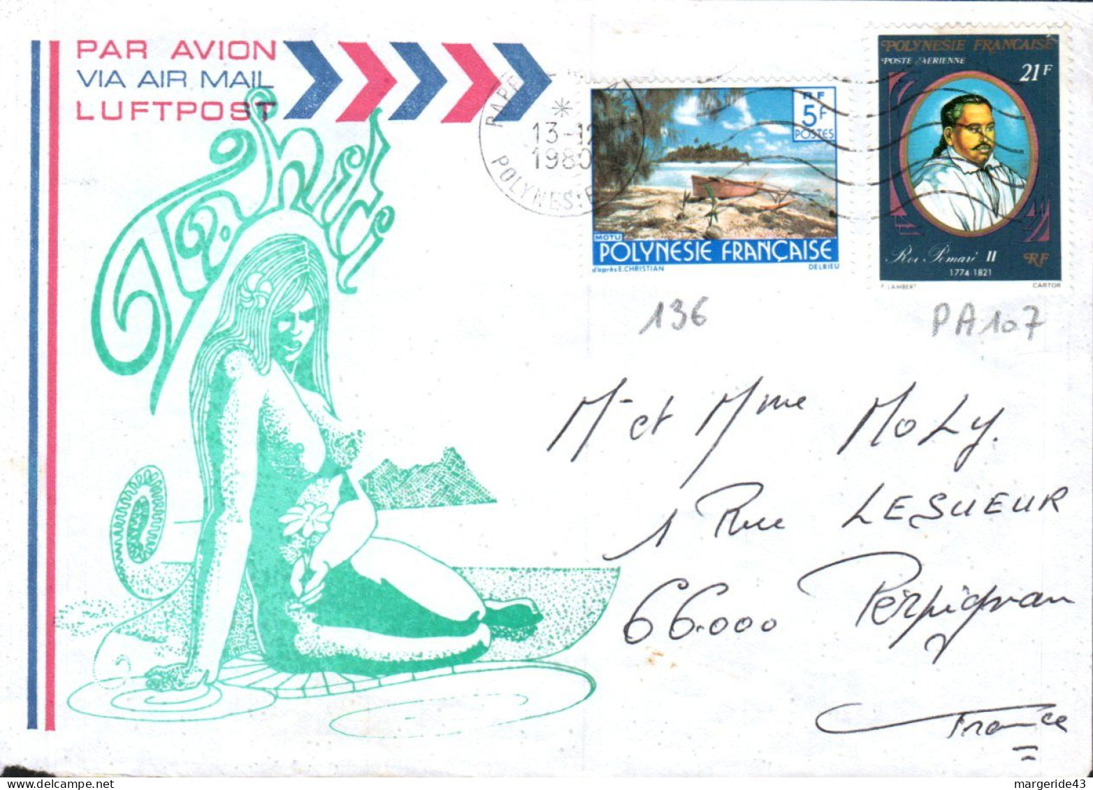 POLYNESIE AFFRANCHISSEMENT COMPOSE SUR LETTRE POUR LA FRANCE 1980 - Covers & Documents