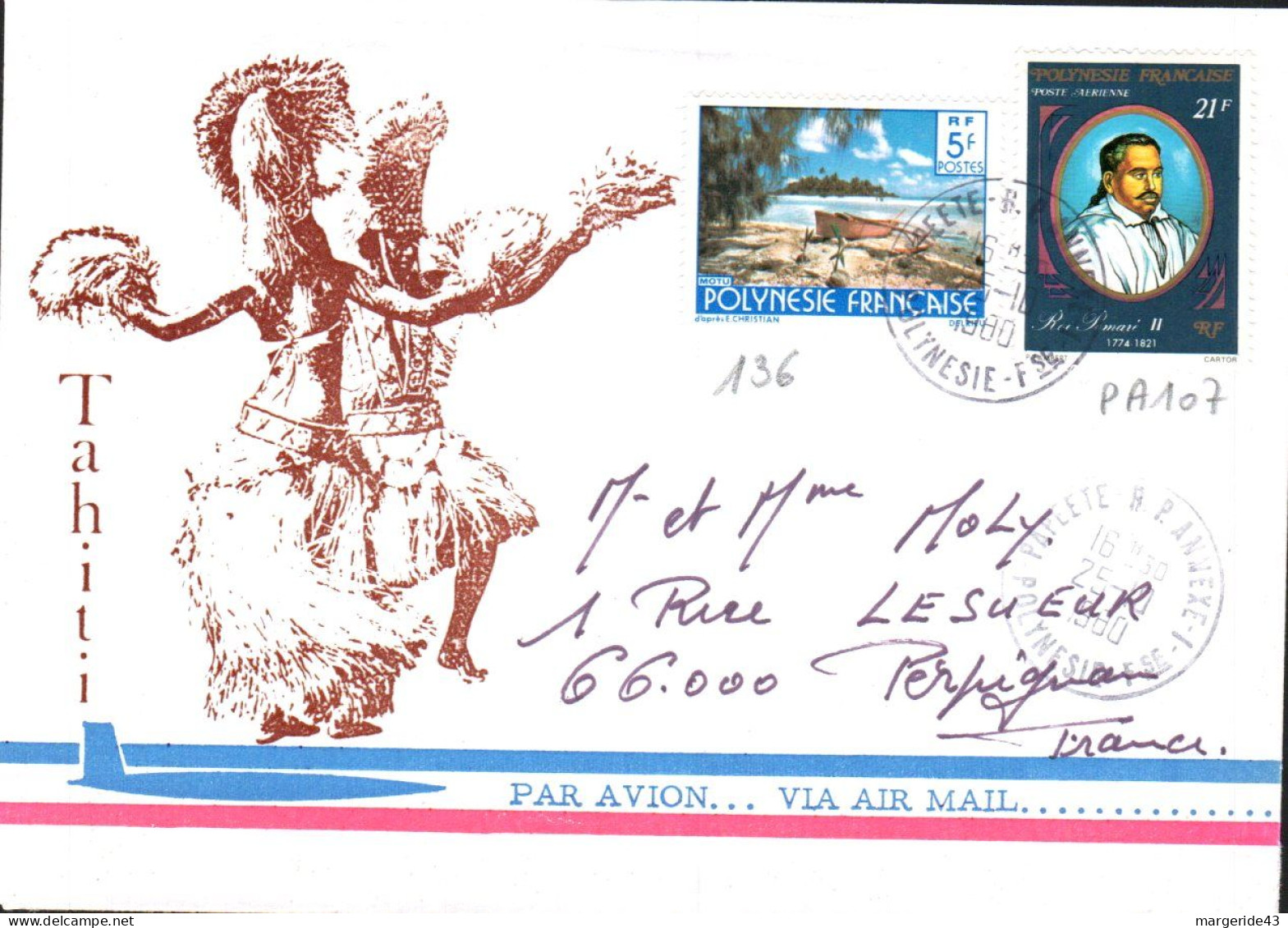 POLYNESIE AFFRANCHISSEMENT COMPOSE SUR LETTRE POUR LA FRANCE 1980 - Storia Postale