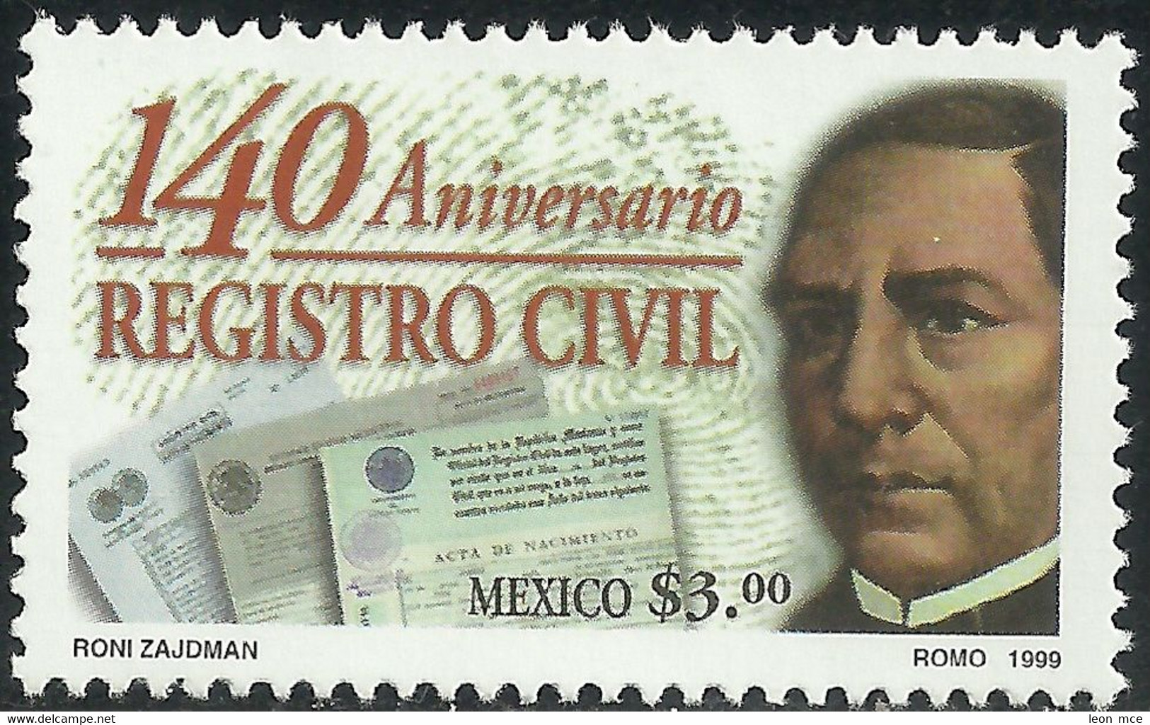 1999 MÉXICO 140 Aniversario Del Registro Civil, BENITO JUAREZ Sc. 2153 MNH, 140th Anniversary Of The Civil Registry - Mexiko