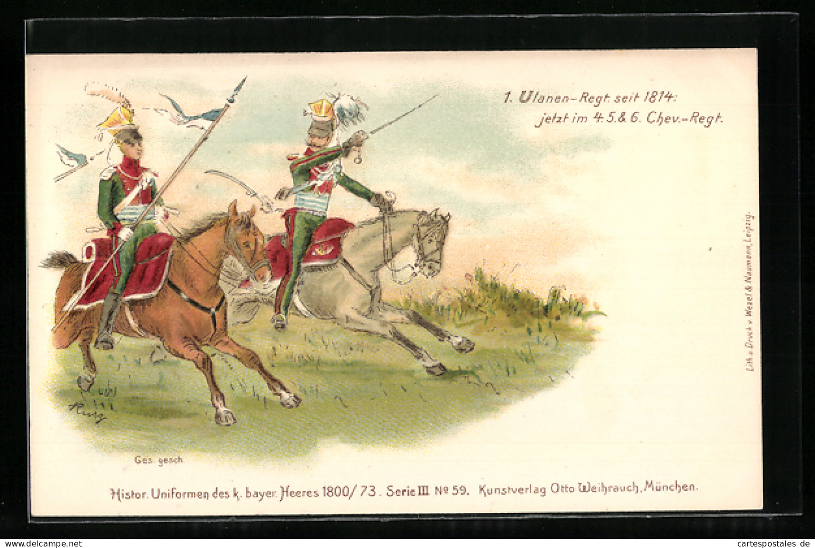 Lithographie 1. Ulanen-Regt. Seit 1814: Jetzt Im 4., 5. & 6.Chev.-Regt., Reitersoldaten In Historischen Uniformen  - War 1914-18