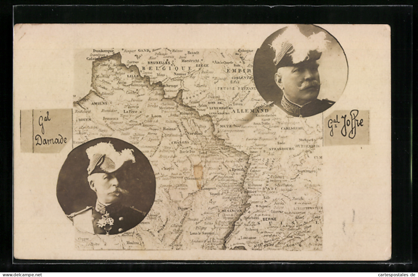 AK General Damade, General Joffre Und Karte Der Frontlinie  - War 1914-18