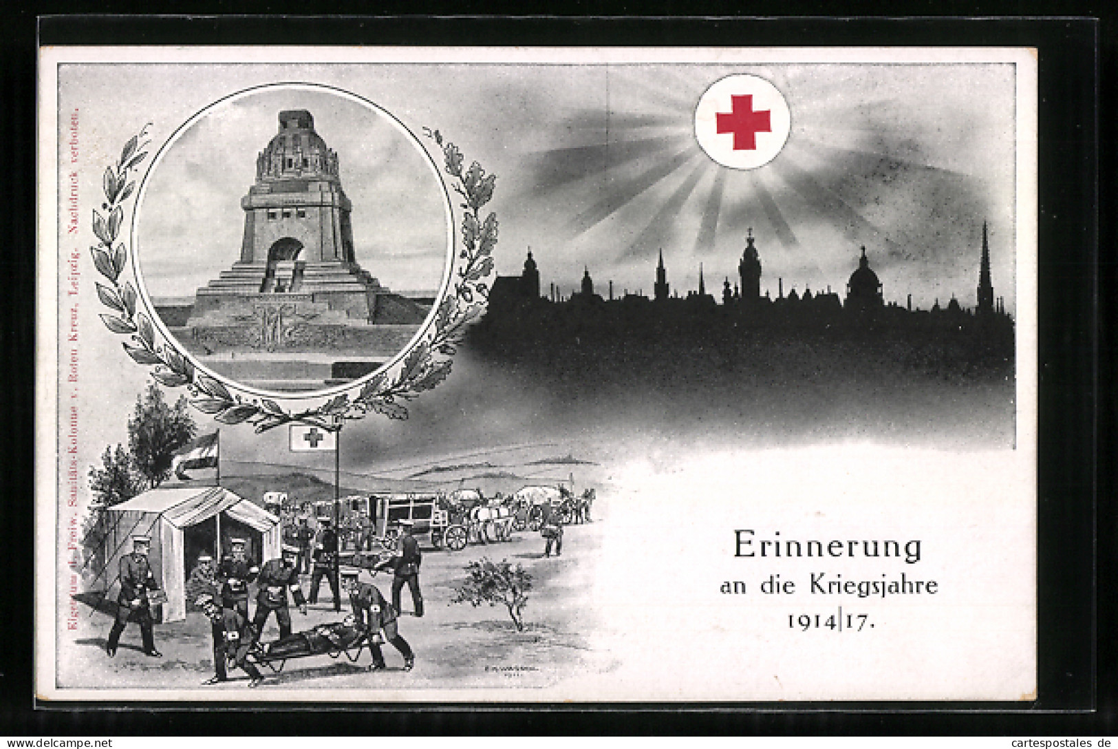 Künstler-AK Erinnerung An Die Kriegsjahre 1914-16, Sanitäter Des Roten Kreuz, Völkerschlachtdenkmal  - Croce Rossa