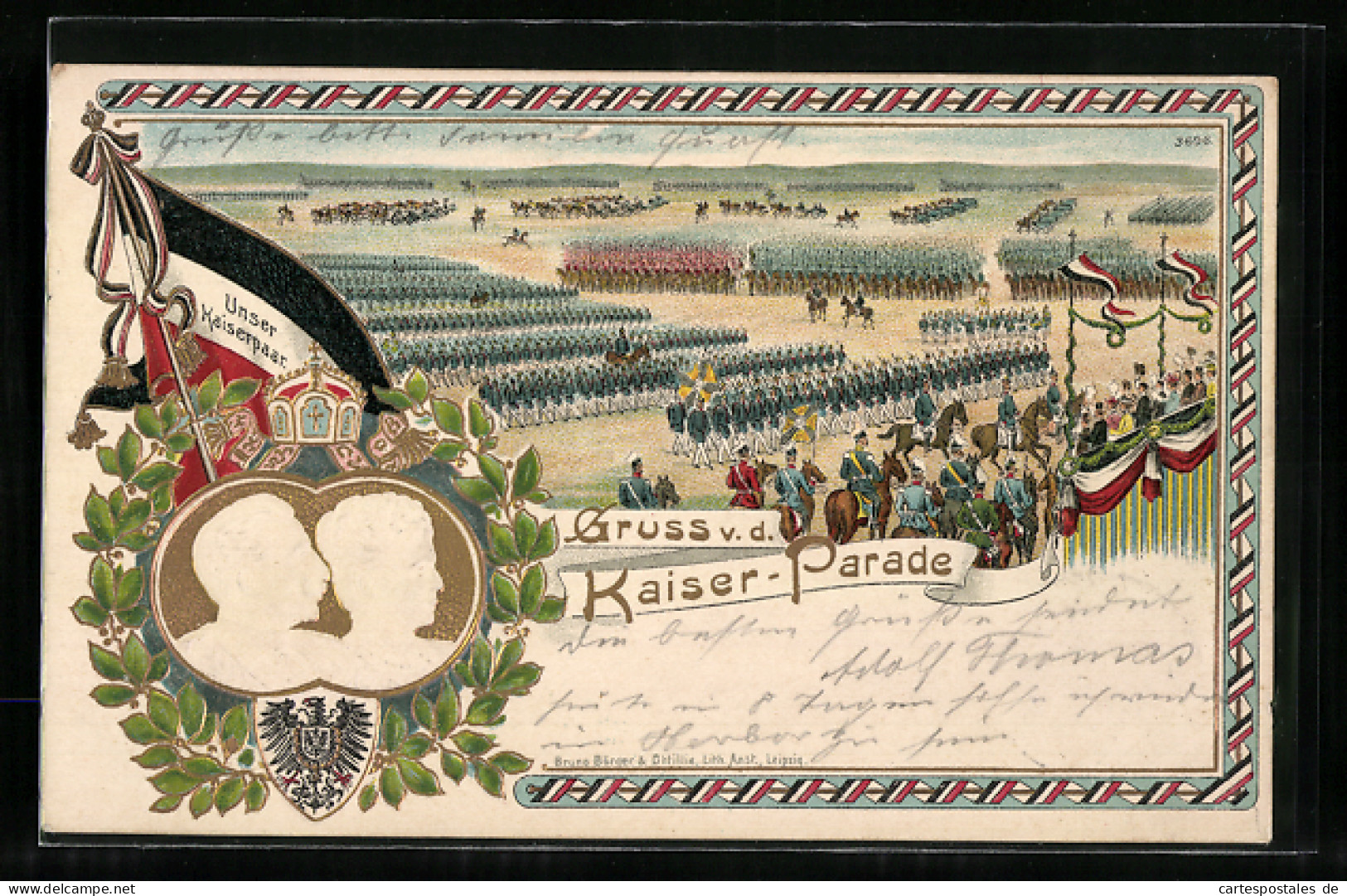 Präge-Lithographie Kaiser-Parade, Von Oben Gesehen, Kaiserpaar, Fahne, Reichswappen  - Weltkrieg 1914-18