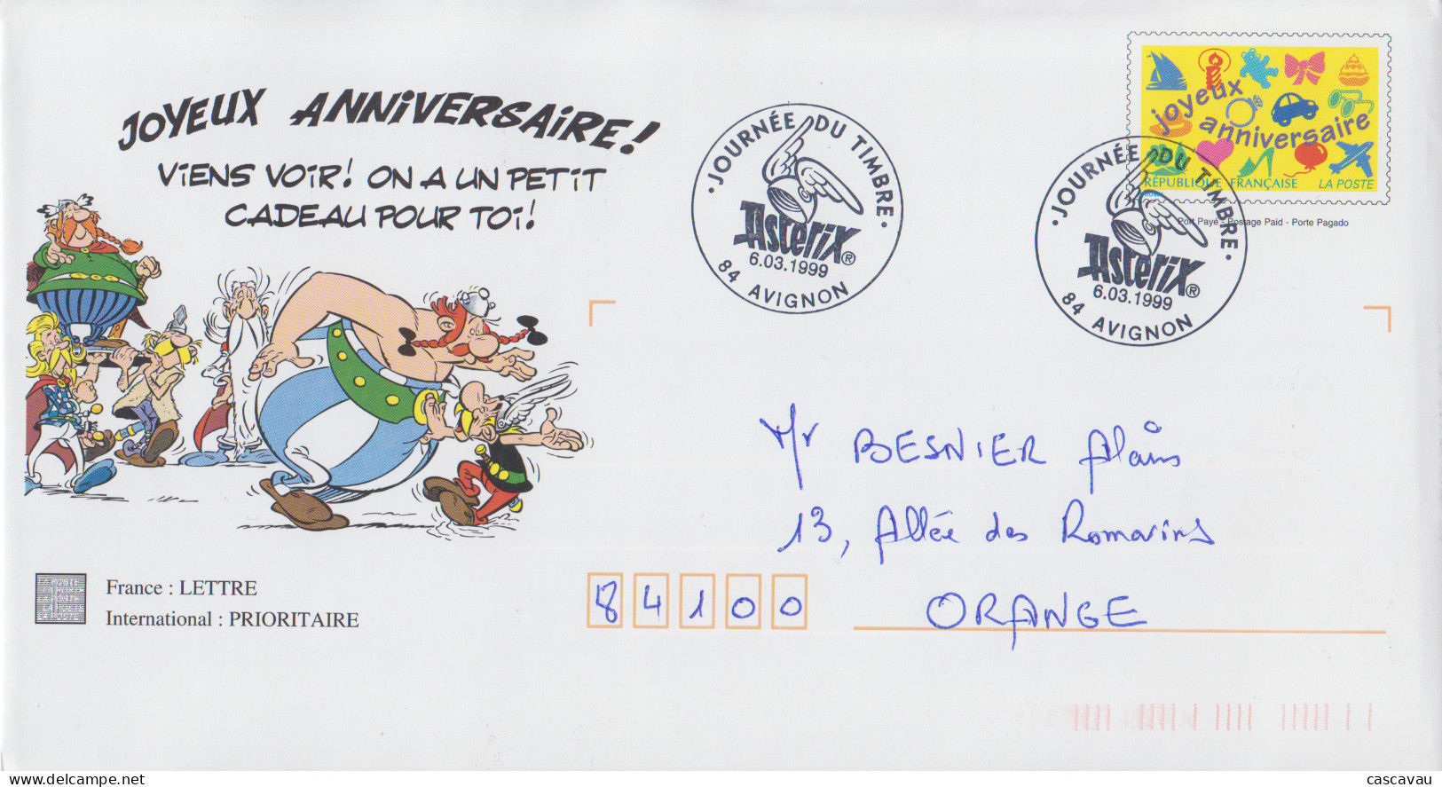Enveloppe    Prêt  à  Poster    FRANCE     JOYEUX  ANNIVERSAIRE      ASTERIX     Journée  Du  Timbre   AVIGNON   1999 - Prêts-à-poster: Other (1995-...)