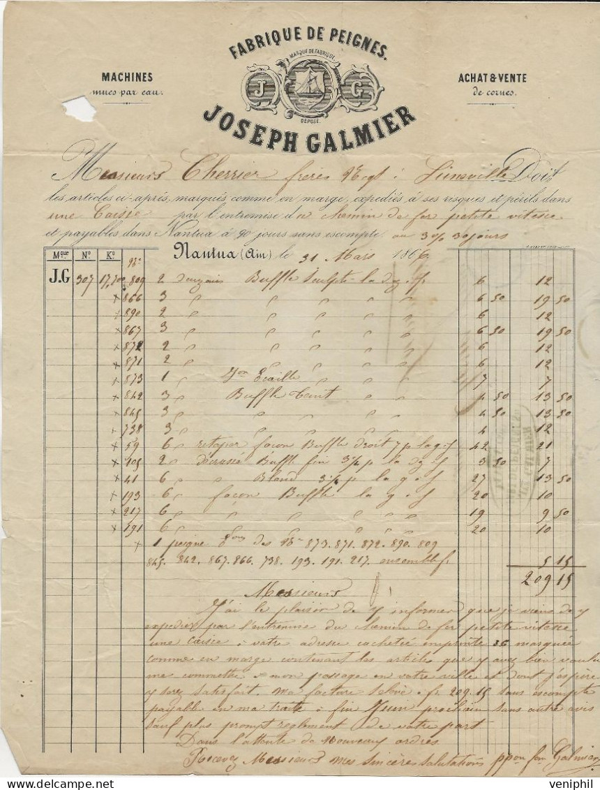 FABRIQUE DE PEIGNES - JOSEPH GALMIER- NANTUA -AIN - ANNEE 1866 - AFFRANCHIE N° 22 +CAD NANTUA - Straßenhandel Und Kleingewerbe