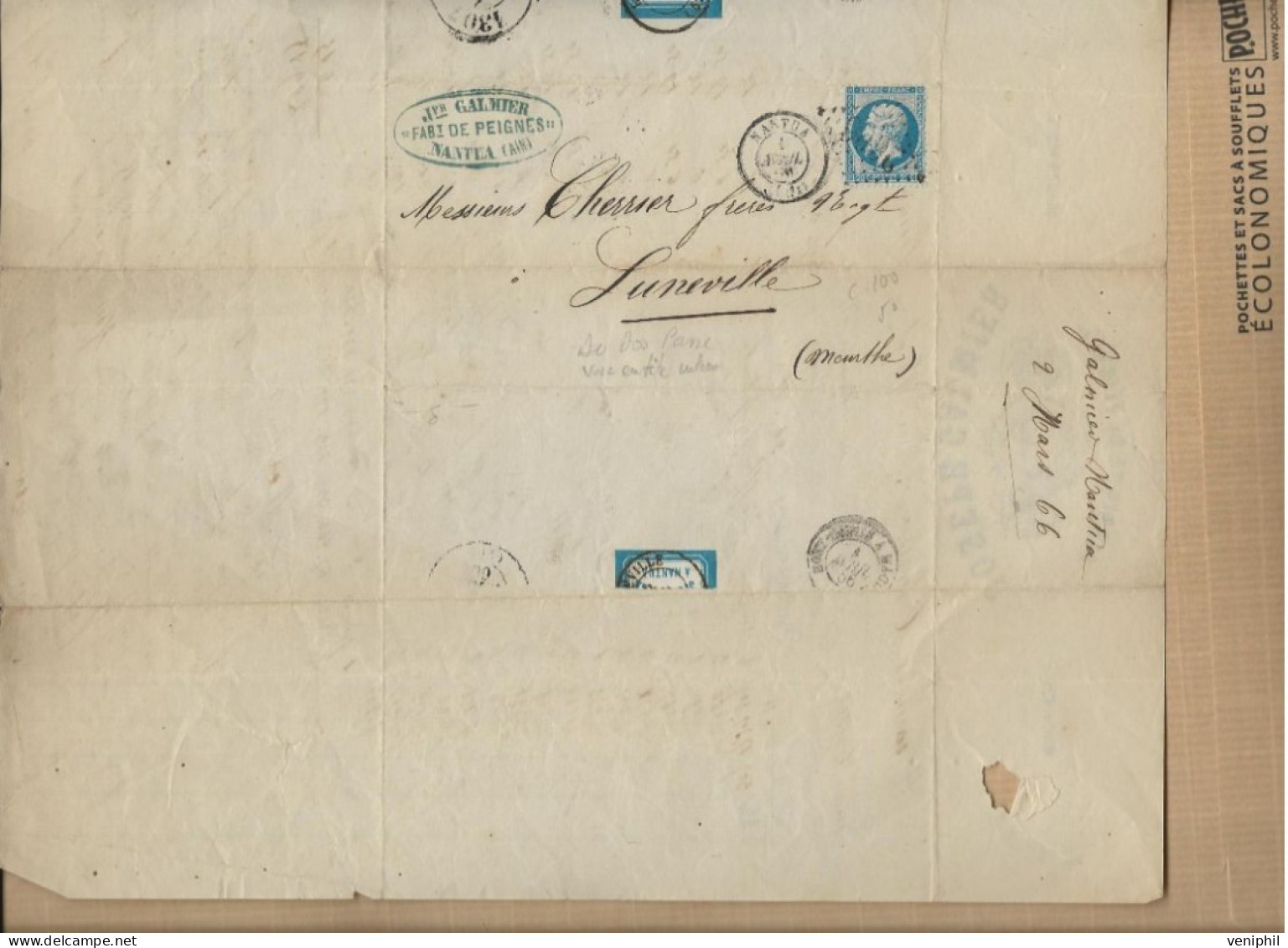 FABRIQUE DE PEIGNES - JOSEPH GALMIER- NANTUA -AIN - ANNEE 1866 - AFFRANCHIE N° 22 +CAD NANTUA - Ambachten