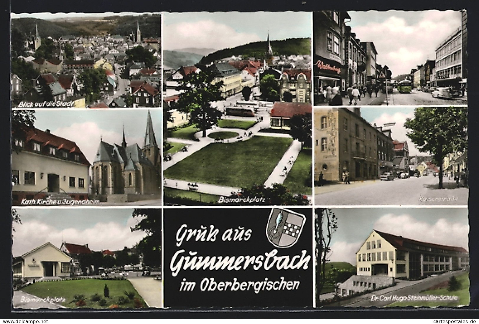 AK Gummersbach, Hugo Steinmüller-Schule, Strassenpartie, Teilansicht, Wappen  - Gummersbach