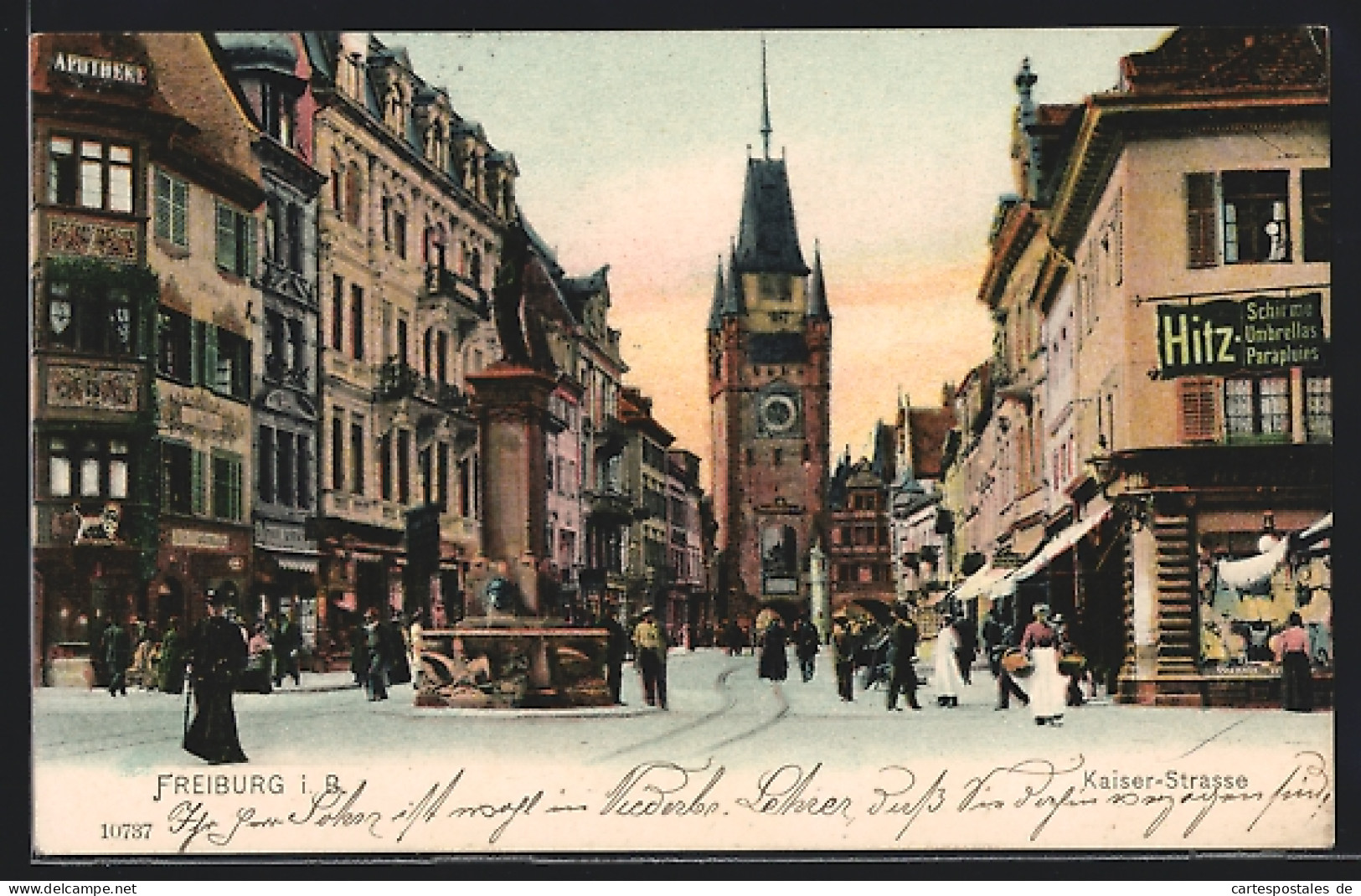 AK Freiburg I. B., Kaiser-Strasse Mit Denkmalsbrunnen Und Turm  - Freiburg I. Br.