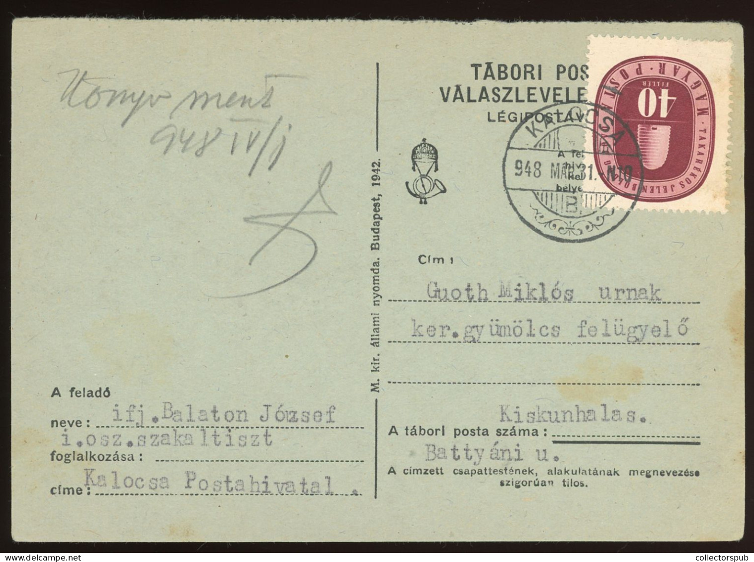 KALOCSA 1948. Interesting Postcard - Storia Postale
