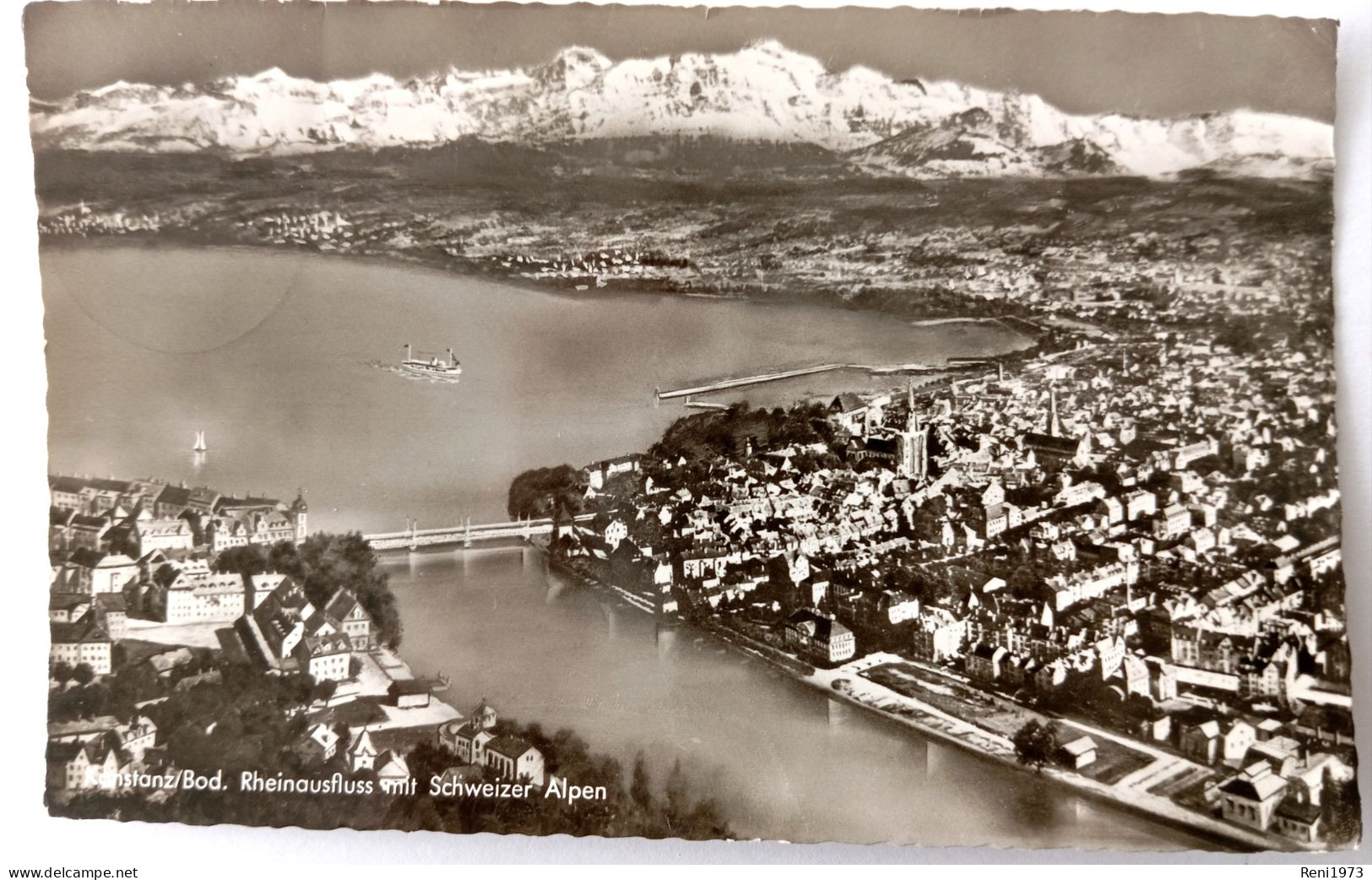 Konstanz/Bodensee, Rheinausfluss Mit Schweizer Alpen, Luftbild, 1957 - Konstanz