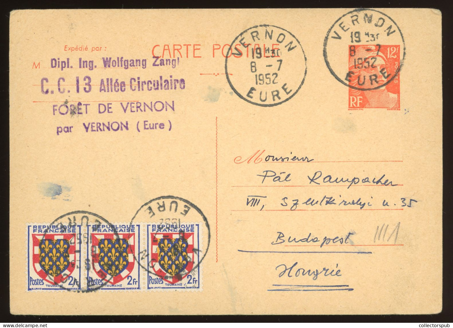 FRANCE 1952. Vernon Postcard To Hungary - Cartas & Documentos