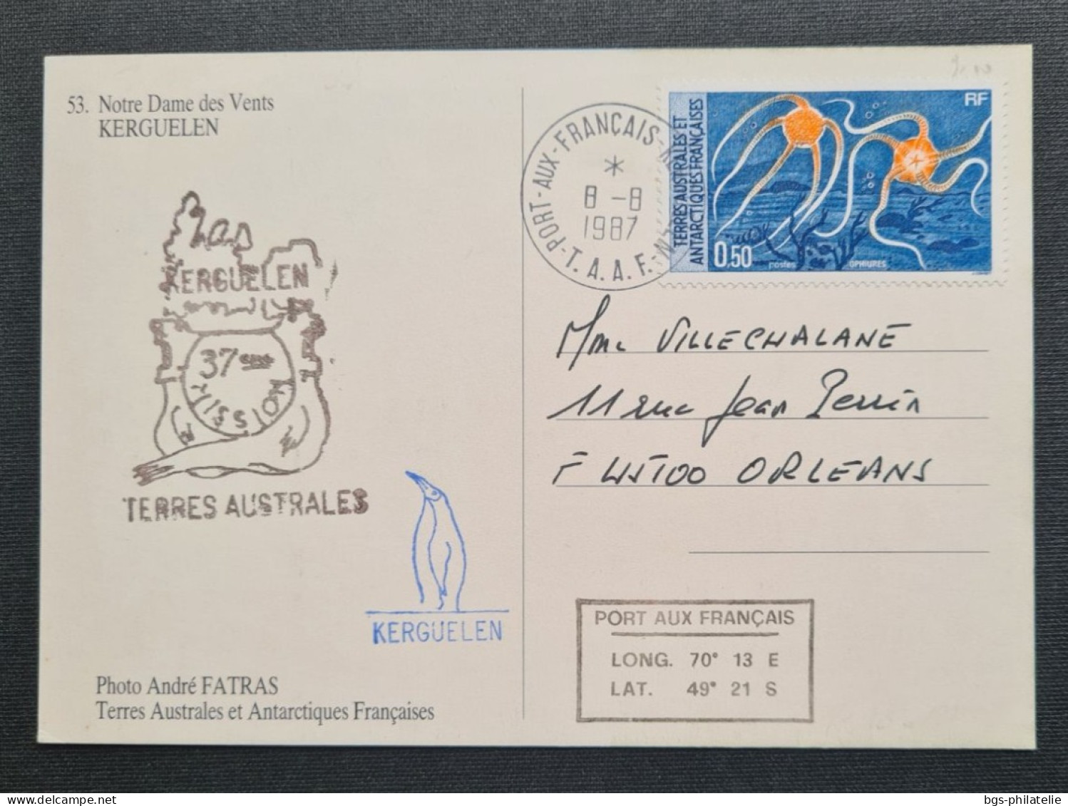 TAAF,  Timbres Numéros 96 Etc122 Au Verso Oblitérés De Kerguelen Le 8/8/1987. - Cartas & Documentos