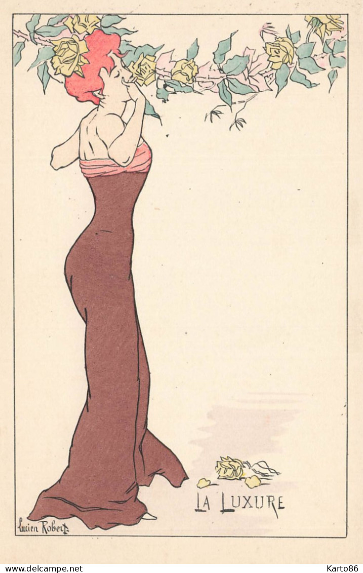 Lucien ROBERT * Série De 5 CPA Illustrateur Robert Art Nouveau Jugendstil * Femme Orgueil Luxure Envie Colère Paresse - Robert