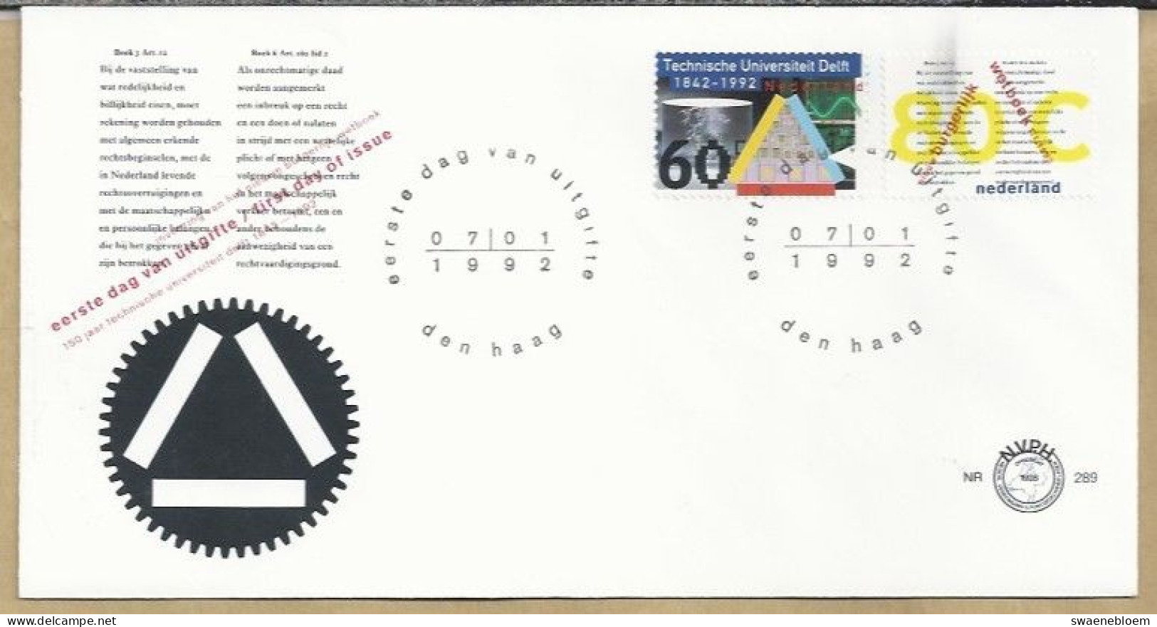 NL.- FDC. NVPH Nr. 289. EERSTE DAG VAN UITGIFTE. FIRST DAY OF ISSUE. 17-01-1992. TECHNISCHE UNIVERSITEIT DELFT. WETBOEK. - FDC