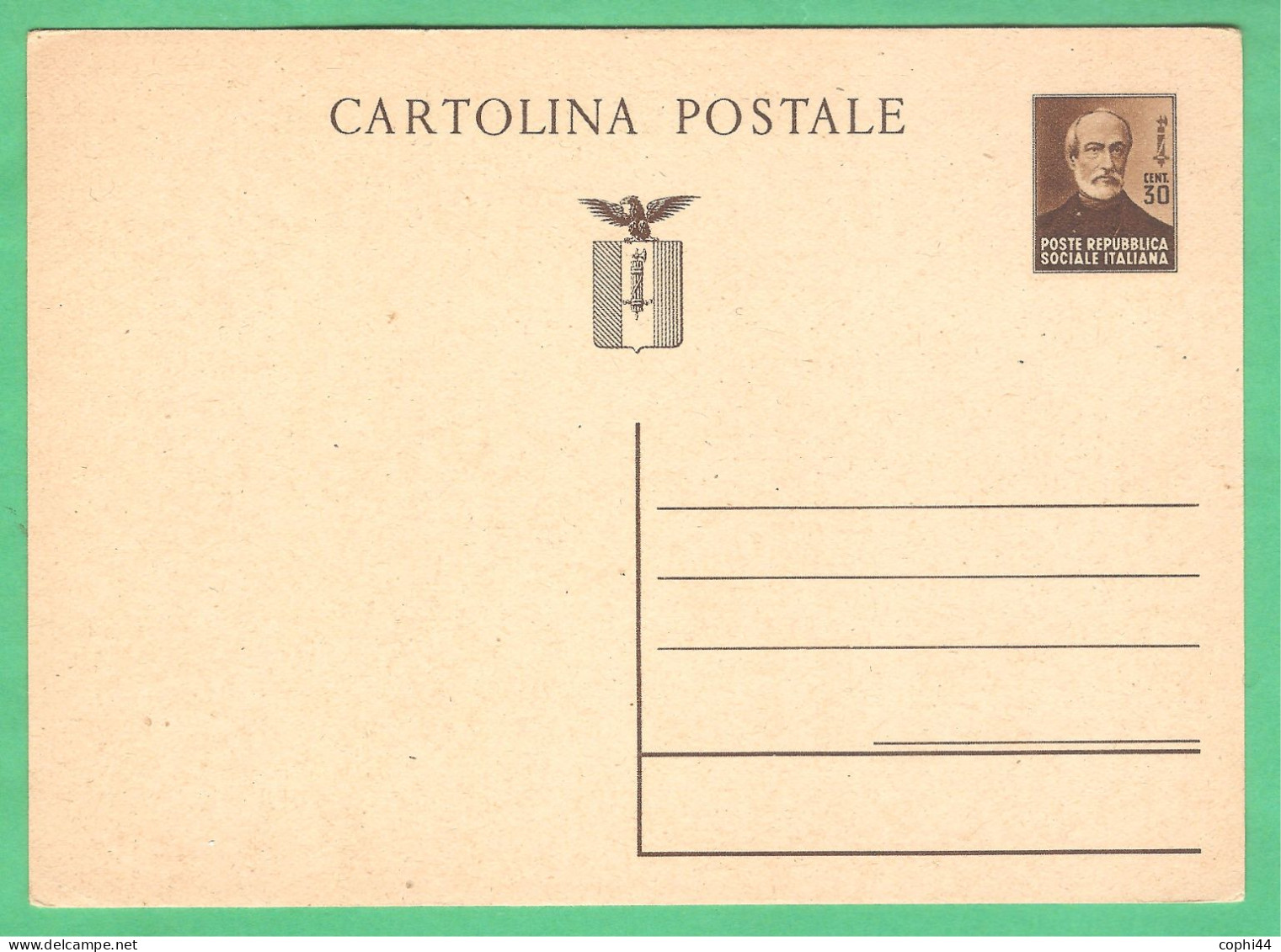 REPUBBLICA SOCIALE ITALIANA 1944 CARTOLINA POSTALE GIUSEPPE MAZZINI 30 C Bruno (FILAGRANO C112) NUOVA - Interi Postali