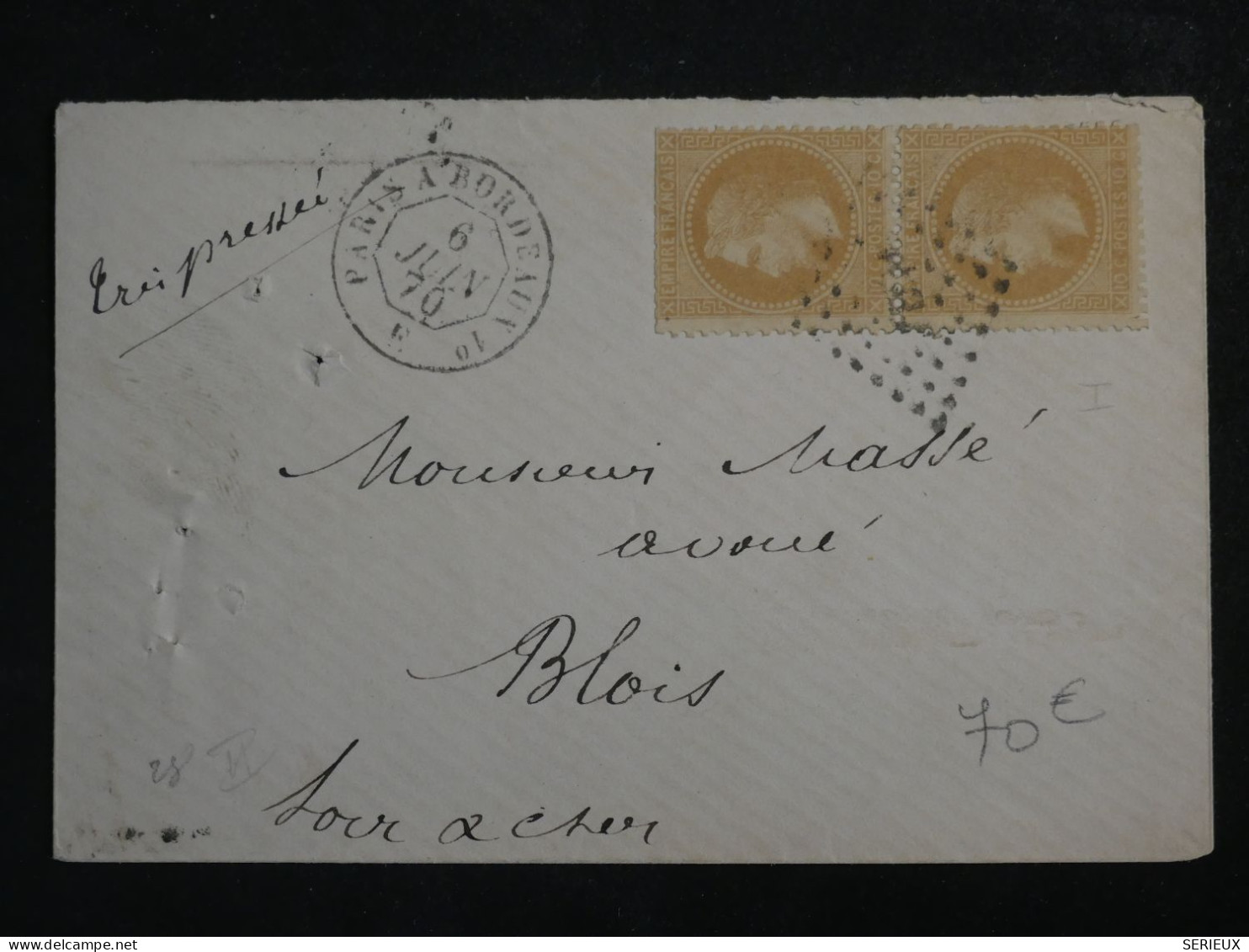 DN16  FRANCE  LETTRE  PRESSEE 1870 PARIS A BLOIS    +PAIRE DE  N°28 + AFF. INTERESSANT +++ - 1849-1876: Klassik