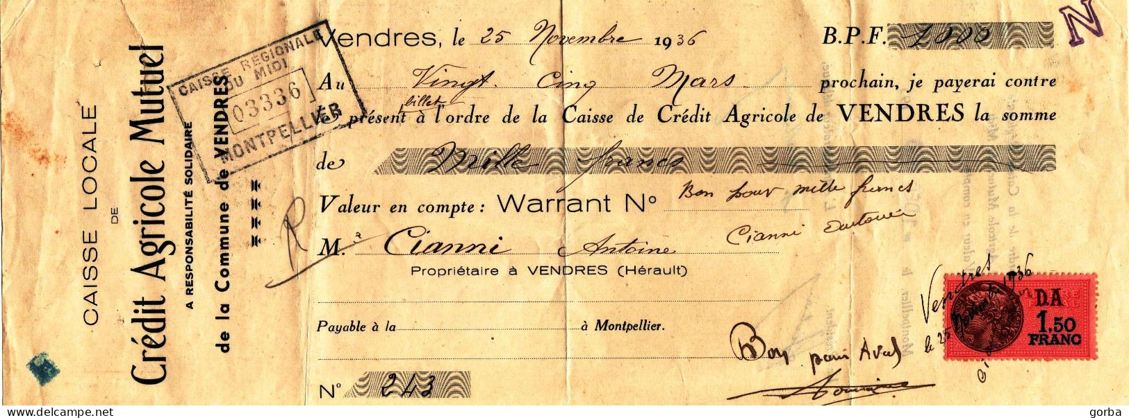 *Lettre De Change 1936  - Timbre Taxe 1.50f - Crédit Agricole Mutuel - VENDRES (34) - Lettres De Change