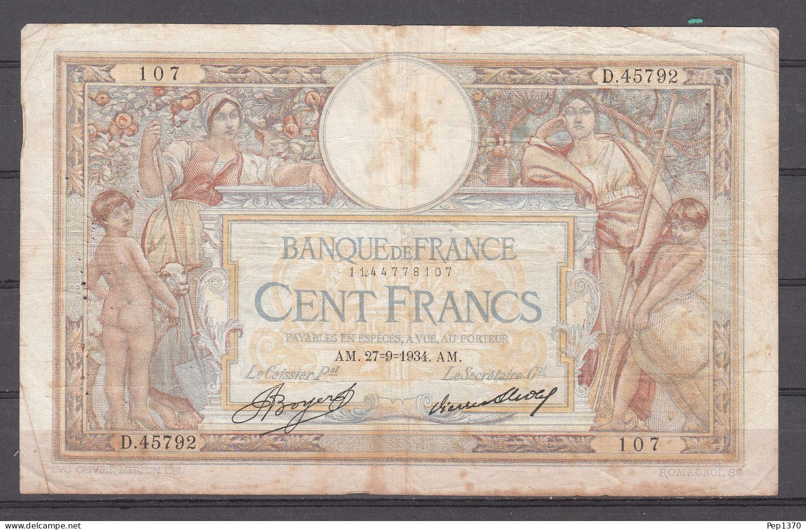 BILLETE DE FRANCIA DE 100 FRANCOS DE 1934 AM - 5 F 1912-1917 ''Bleu''