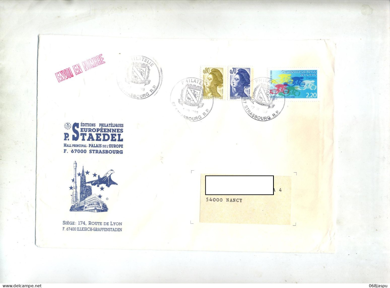 Lettre  Cachet Strasbourg Philatelie Sur Cyclisme Illustré Fusee Concorde - Manual Postmarks