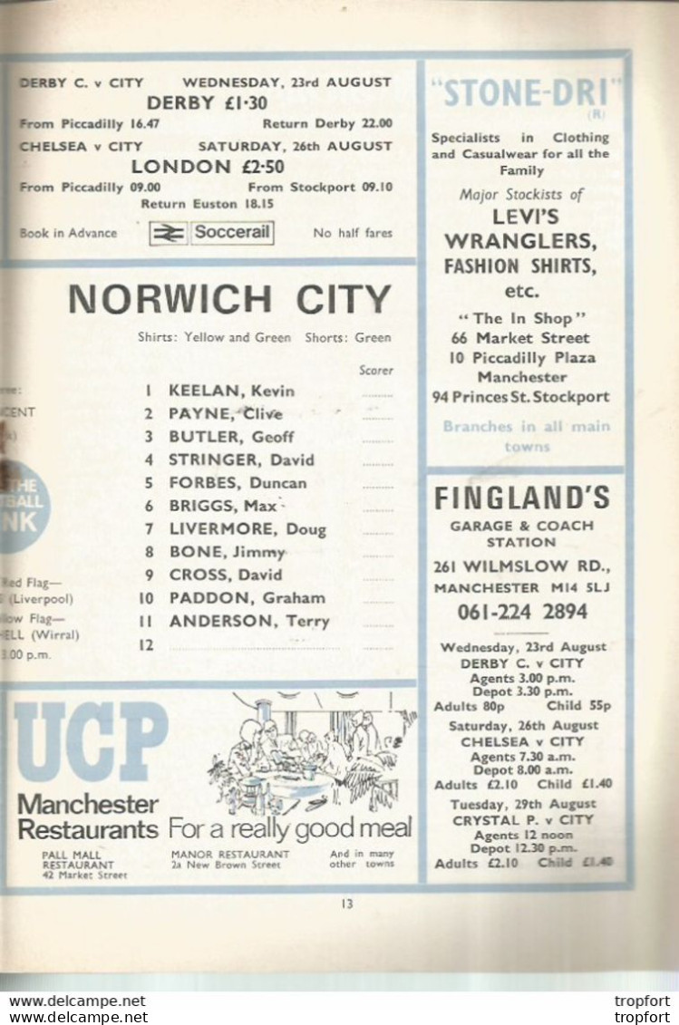CO / PROGRAMME FOOTBALL Program MANCHESTER CITY England 1972 NORWICH CITY 24 Pages - Programmes