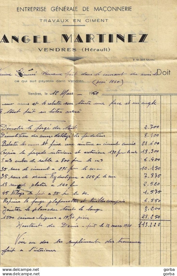 *Facture 1950 Entreprise De Maçonnerie Angel MARTINEZ - VENDRES (34) - Ambachten