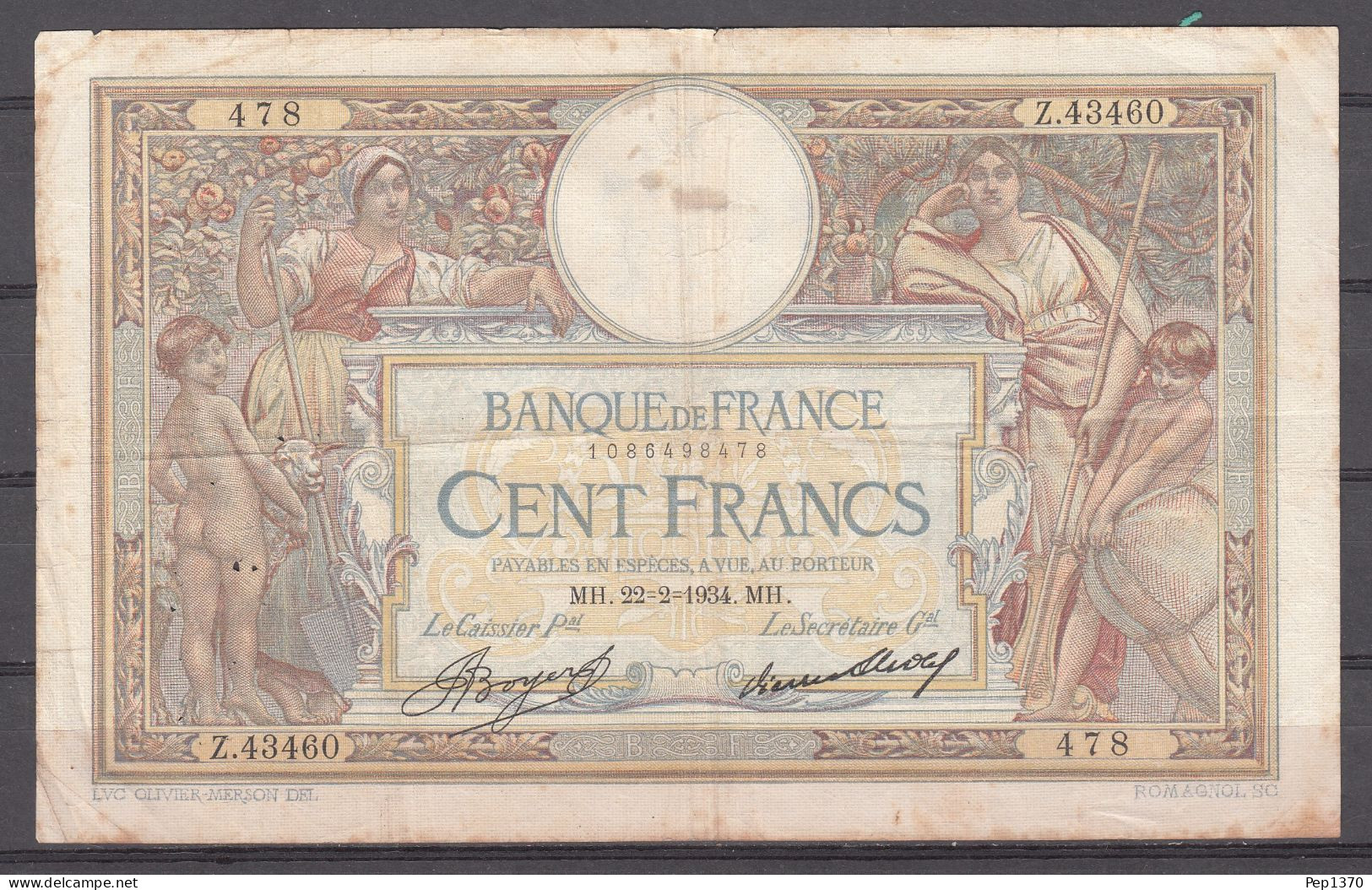 BILLETE DE FRANCIA DE 100 FRANCOS DE 1934 MH - 5 F 1912-1917 ''Bleu''