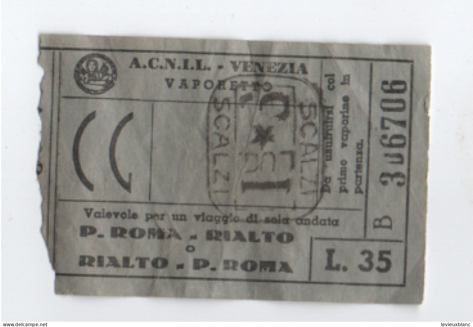 Ticket De Vaporetto    Ancien / A.C.N.I.L./VENEZIA/Vaporetto/ Piazzale ROMA- RIALTO/ Vers 1950-1960         TCK274 - Autres & Non Classés