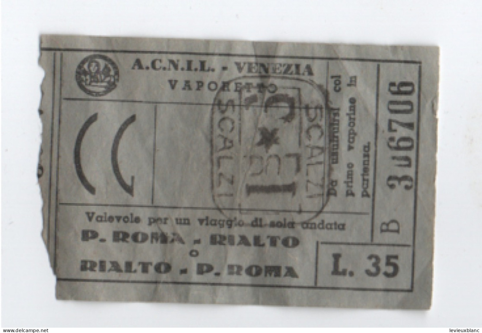 Ticket De Vaporetto    Ancien / A.C.N.I.L./VENEZIA/Vaporetto/ Piazzale ROMA- RIALTO/ Vers 1950-1960         TCK274 - Andere & Zonder Classificatie