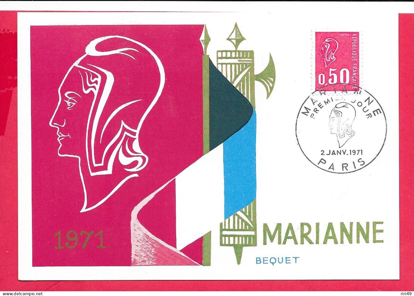 Carte Premier Jour 1971,  MARIANNE BEQUET LA REPUBLIQUE 0.50 , Dos Vierge, Belle Carte, D'après Bequet Carte Maximum - 1970-1979