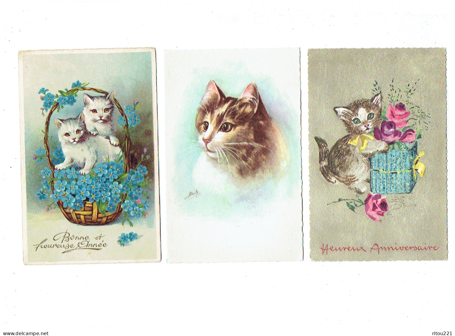 Lot 3 Cpa - Chat - Illustration - Edition Deriaz Signé ALOCH - 301/3 - Fleurs Cadeau Panier Myosotis - Chats