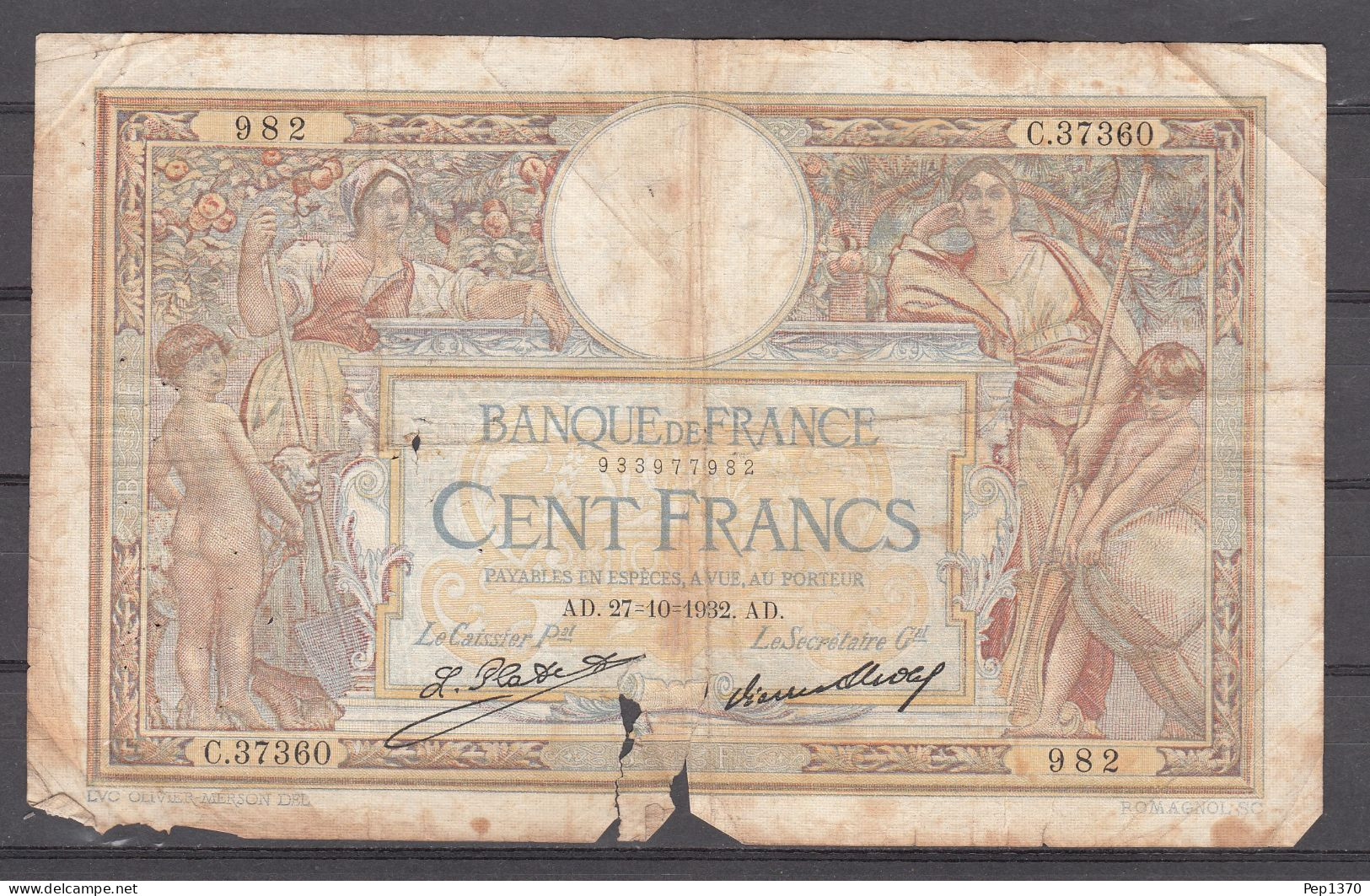 BILLETE DE FRANCIA DE 100 FRANCOS DE 1932 AD - 5 F 1912-1917 ''Bleu''