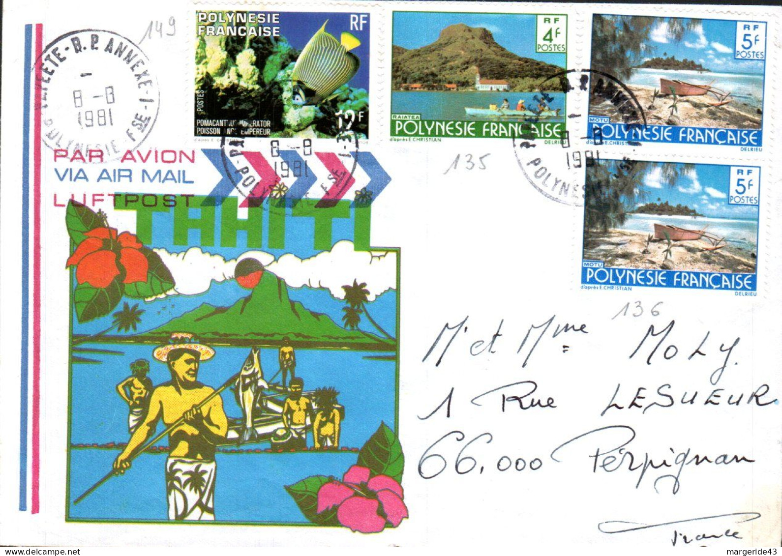 POLYNESIE AFFRANCHISSEMENT COMPOSE SUR LETTRE POUR LA FRANCE 1981 - Lettres & Documents