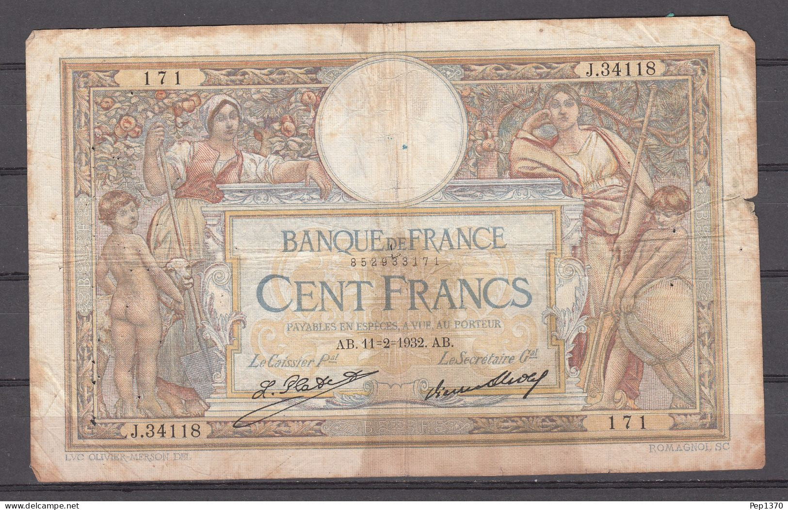 BILLETE DE FRANCIA DE 100 FRANCOS DE 1932 AB - 5 F 1912-1917 ''Bleu''