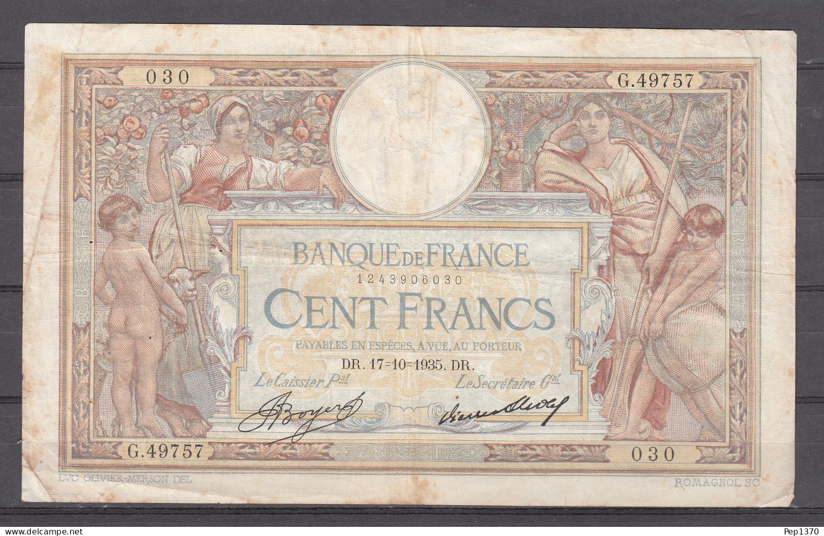 BILLETE DE FRANCIA DE 100 FRANCOS DE 1935 DR - 5 F 1912-1917 ''Bleu''