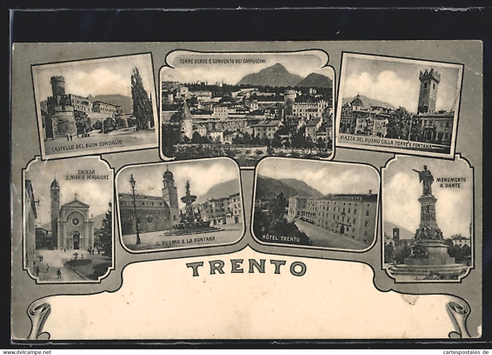 Cartolina Trento, Castello Del Buon Consiglio, Il Duomo, Hotel Trento, Monumento A Dante  - Trento