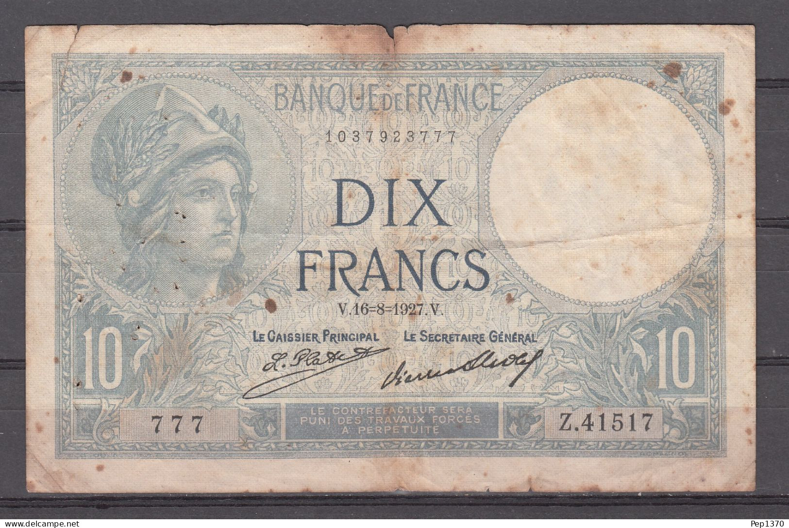 BILLETE DE FRANCIA DE 10 FRANCOS DE 1927 V - 5 F 1912-1917 ''Bleu''