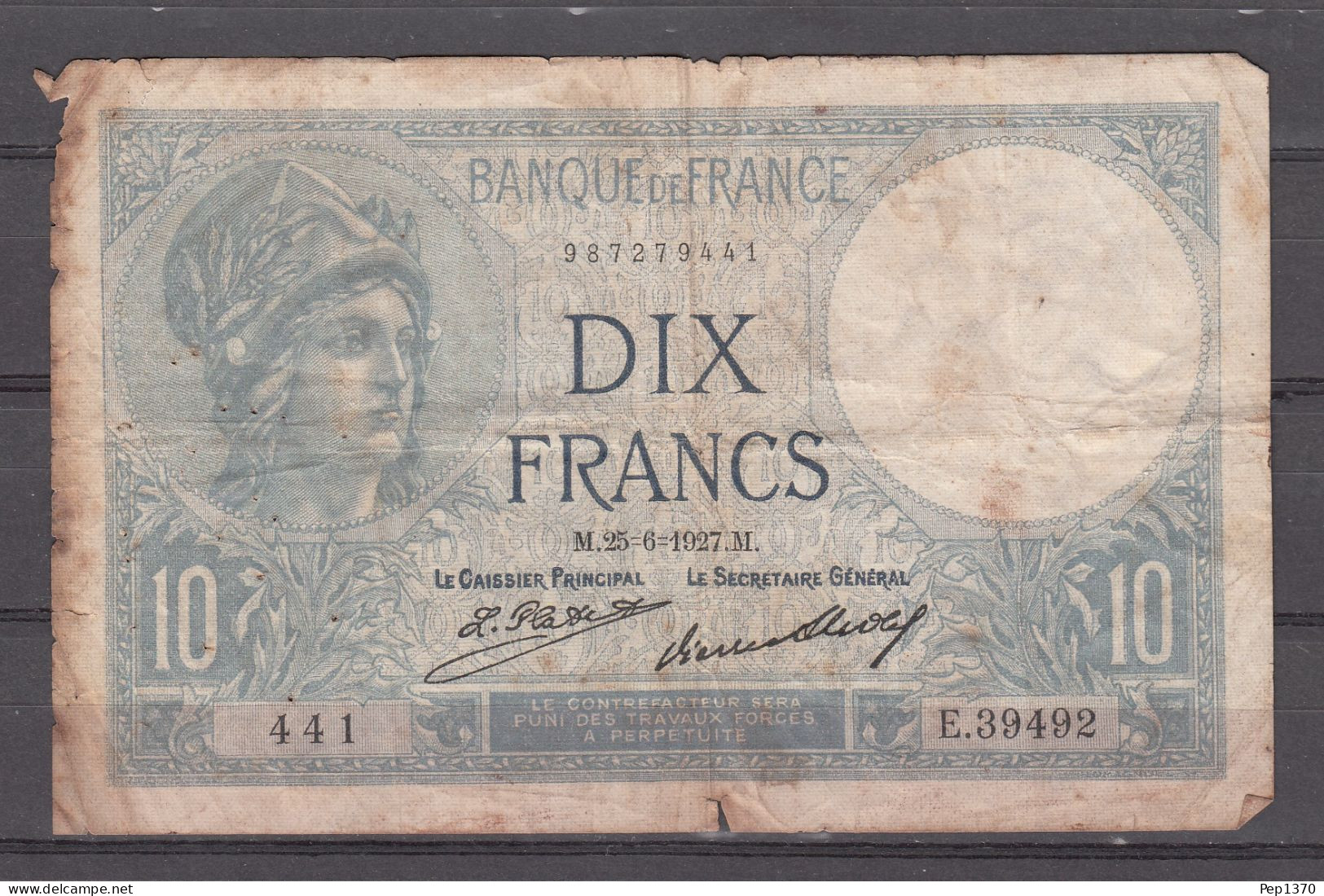 BILLETE DE FRANCIA DE 10 FRANCOS DE 1927 M - 5 F 1912-1917 ''Bleu''