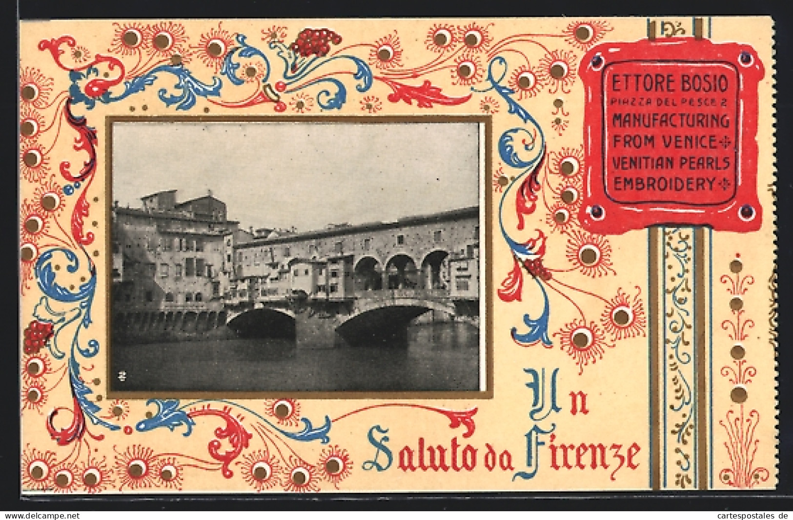 Cartolina Firenze, Flusspartie Mit Brücke Und Verziertem Goldrahmen  - Firenze (Florence)