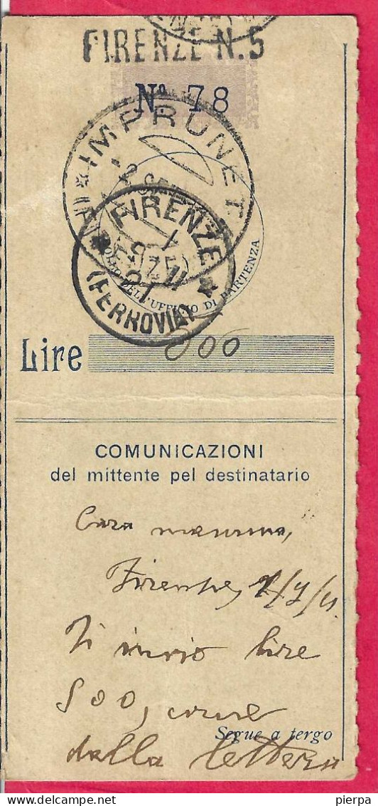 CEDOLETTA VAGLIA DA FIRENZE N.5*1.SET.11* PER IMPRUNETA - Storia Postale