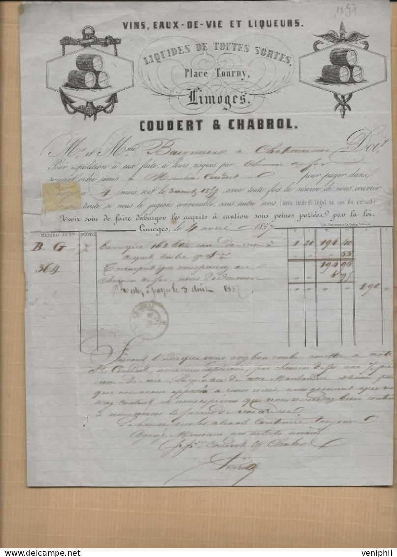 FACTURE - VINS,EAUX DE VIE ET LIQUEURS COUDERT - CHABROL -LIMOGES - ANNEE 1857-AFFRANCHIE N° 14 CAD CONVOYEUR - Autres & Non Classés