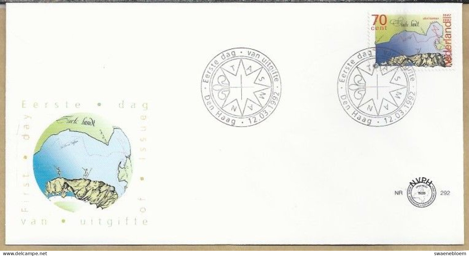 NL.- FDC. NVPH Nr. 292. EERSTE DAG VAN UITGIFTE. FIRST DAY OF ISSUE. 12-03-1992. ABEL TASMAN. - FDC