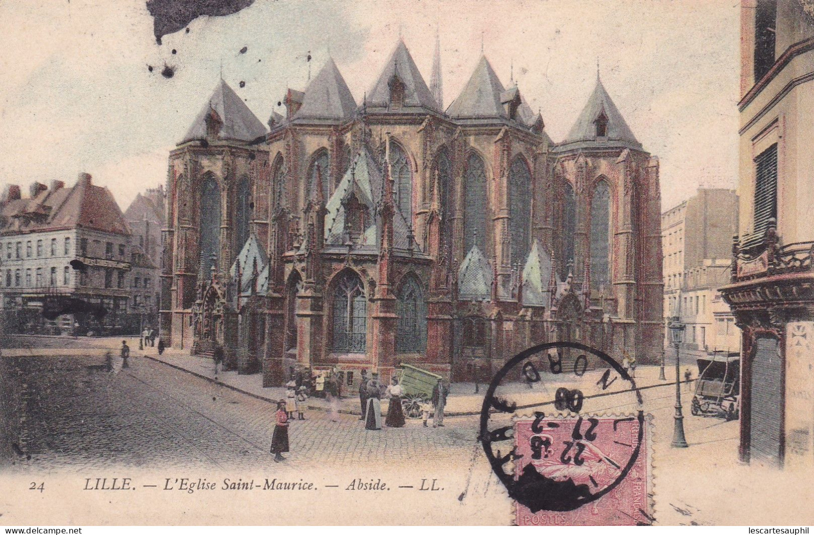 Lille Colorisée L église St Maurice Abside Animée Vendeur Ambulant 1906 - Lille