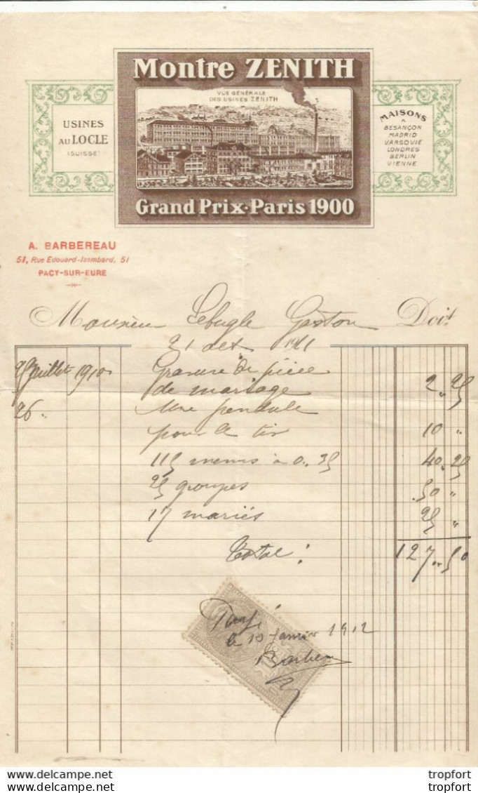 PG / Facture Ancienne MONTRE ZENITH Grand Prix De PARIS 1900 PACY-SUR-EURE 1921 - Straßenhandel Und Kleingewerbe