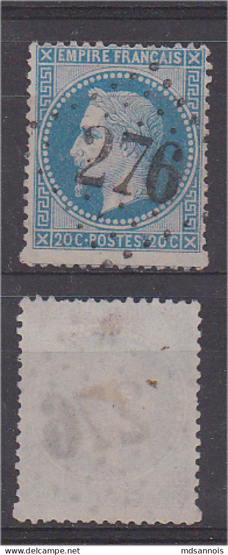 GC 276 Baccarat Meurthe Sur Napoléon Lauré 20c Bleu Vendu Pour Son Oblitération - 1863-1870 Napoleon III With Laurels